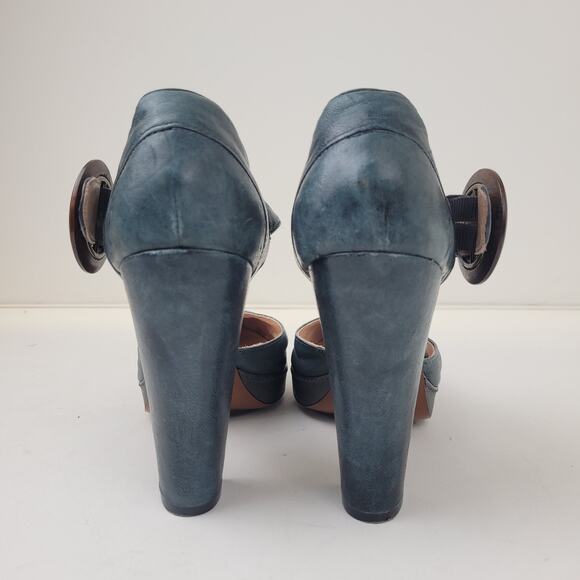 Frye Blue Leather Mary Jane Pumps with Big Wooden Buckle Sz 8 1/2 - Picture 5 of 10